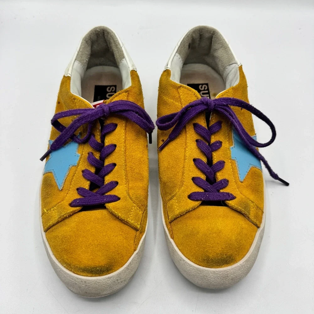 Golden Goose Yellow Suede Sneakers with Purple Laces and Teal Star